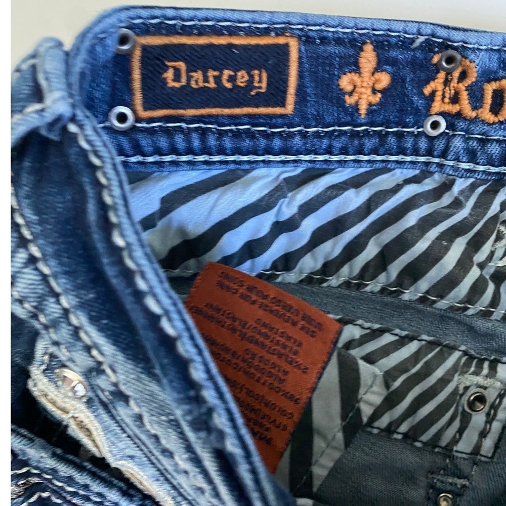 Rock Revival Darcey Crop Jeans Womens 25 Dark Wash Distressed Sequin Rhinestone - Picture 7 of 9